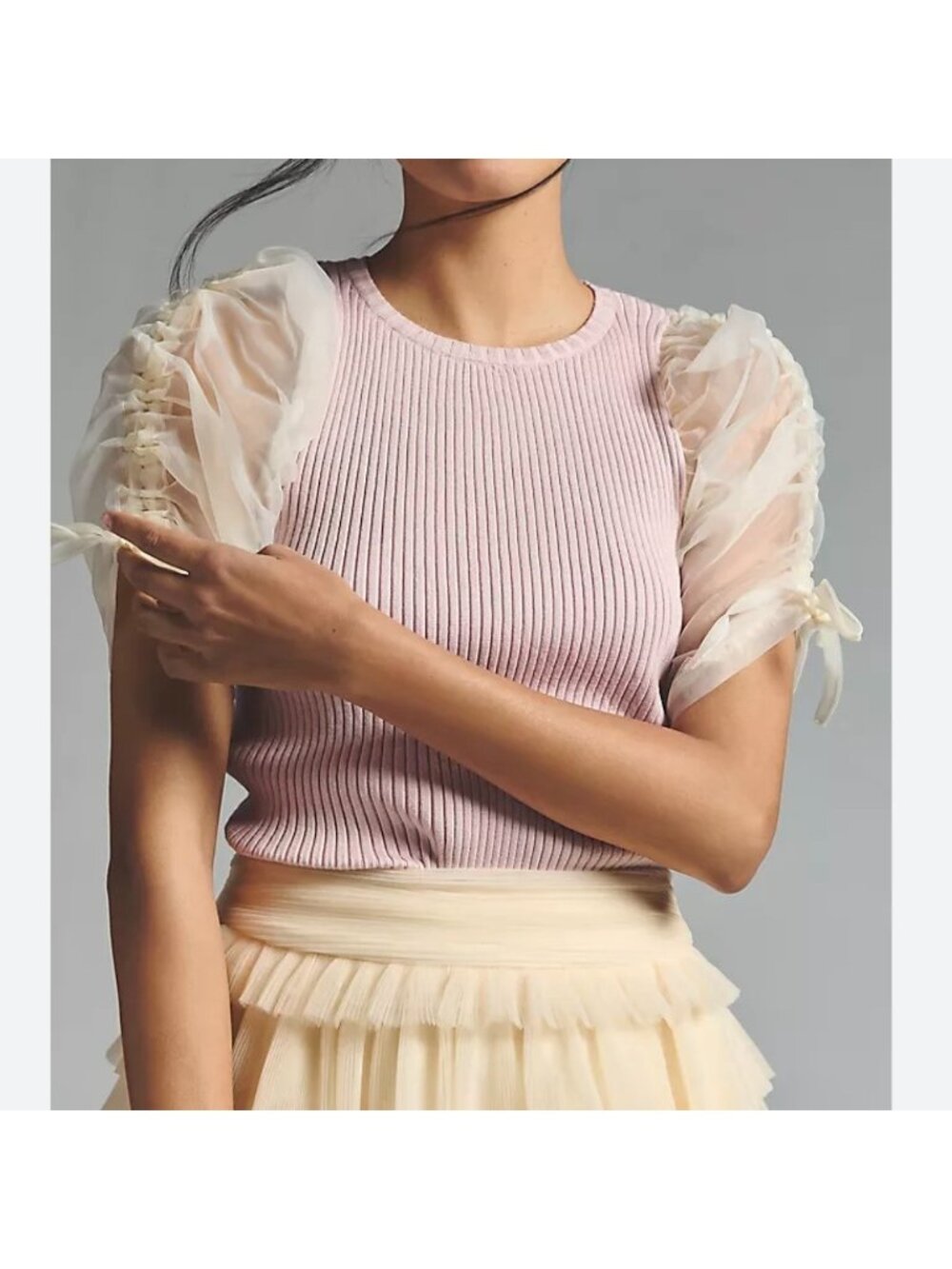 Anthropologie En Saison Arianne Tulle-Sleeve Sweater Top Women's Small